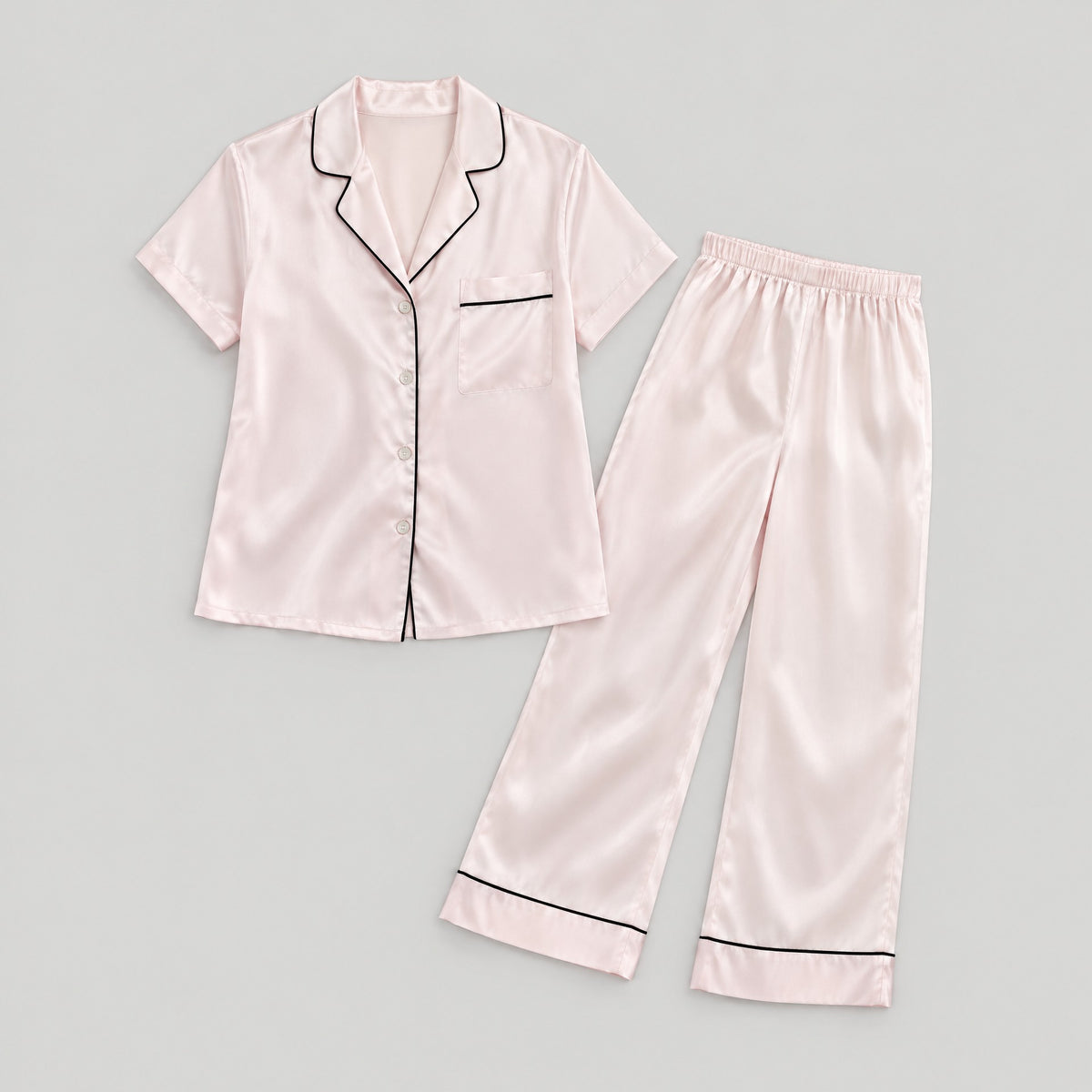 Mulberry silk pajama set laid flat, full garment view