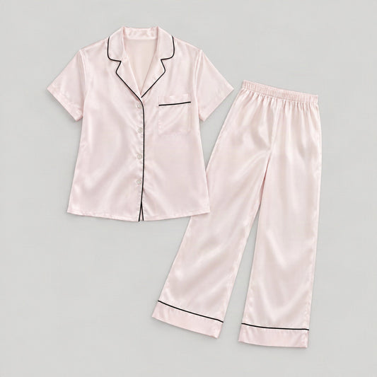 Mulberry silk pajama set laid flat, full garment view