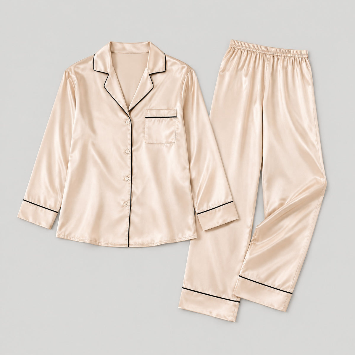 Mulberry silk pajama set laid flat, full garment view