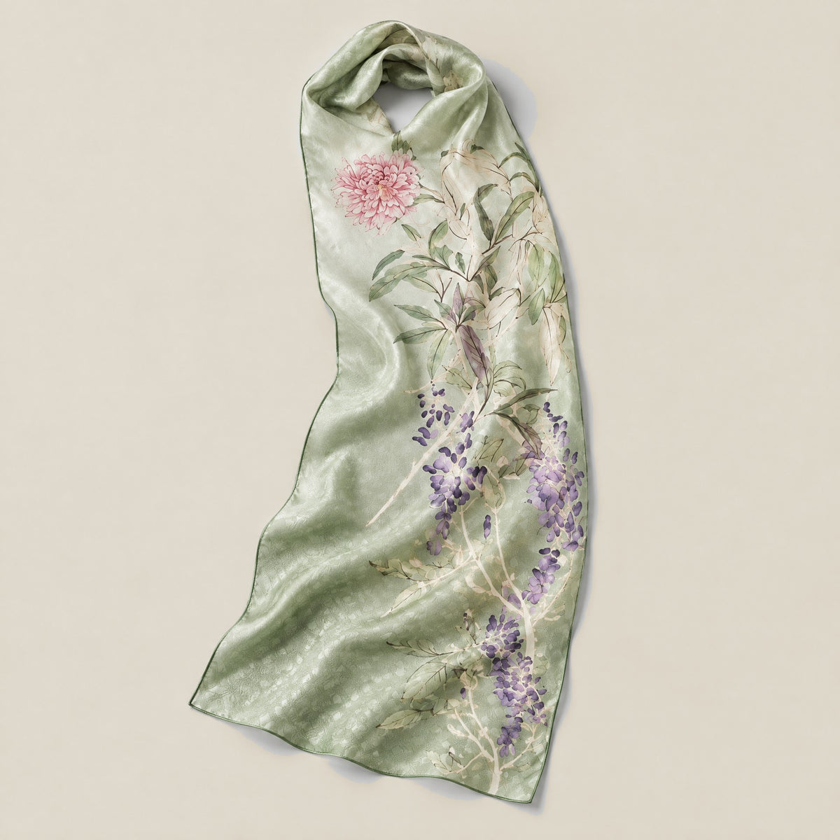 Green peony mulberry silk scarf, 22 x 67 in detail showing silk texture and print