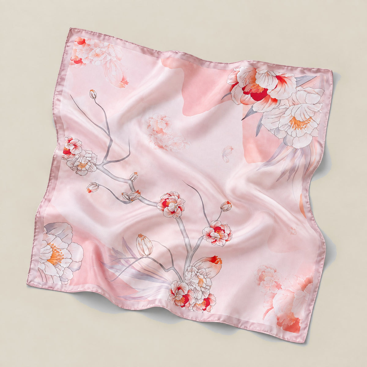Light pink camellia mulberry silk square scarf detail showing silk texture and print