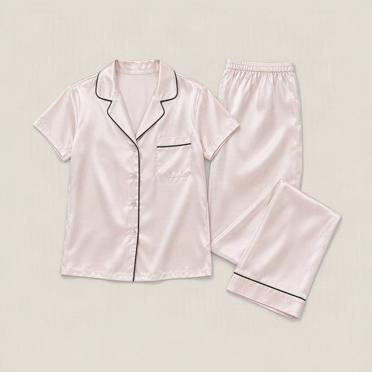 Cherry Blossom Pink 16 momme mulberry silk short sleeve pajama set with long pants