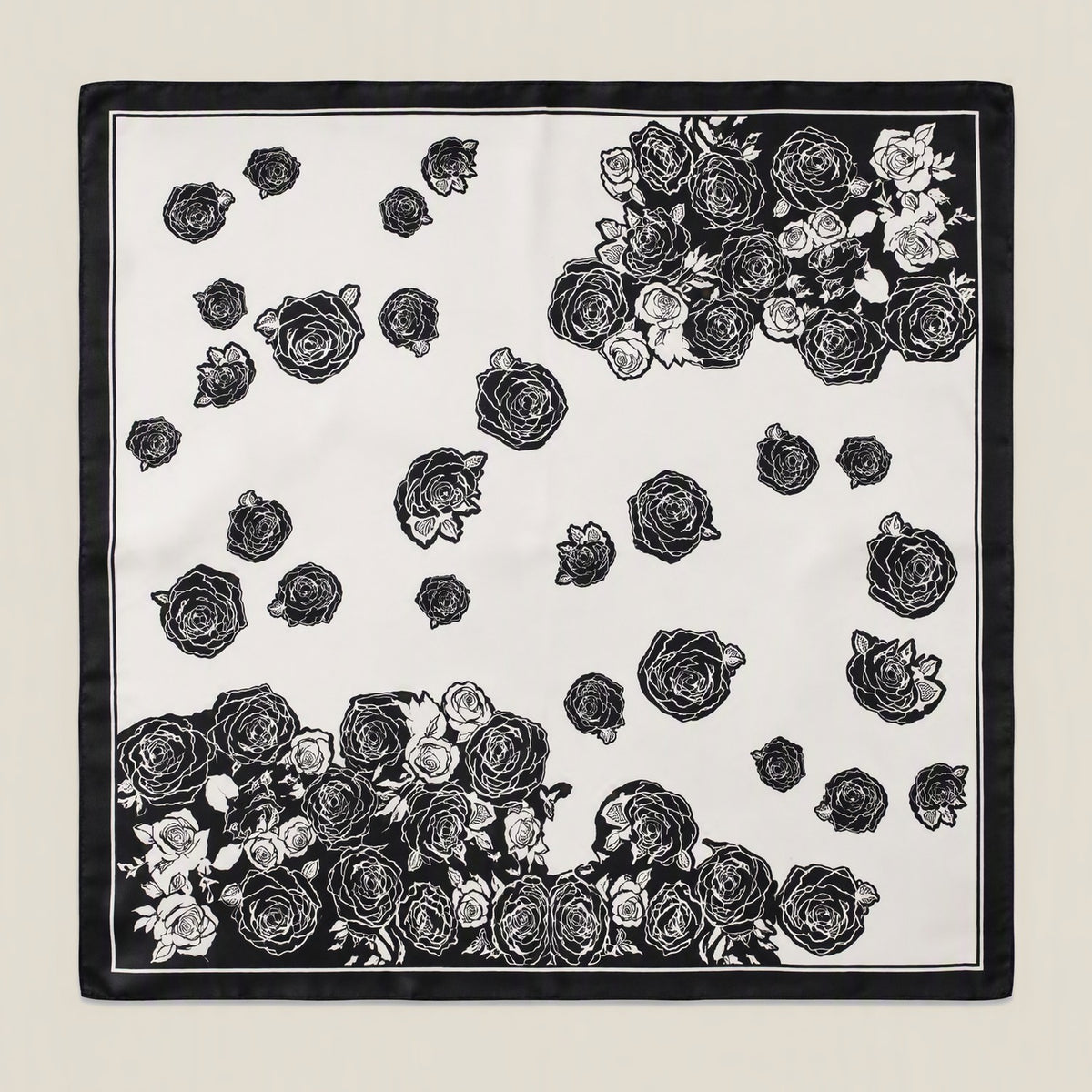 Black White Rose mulberry silk square scarf