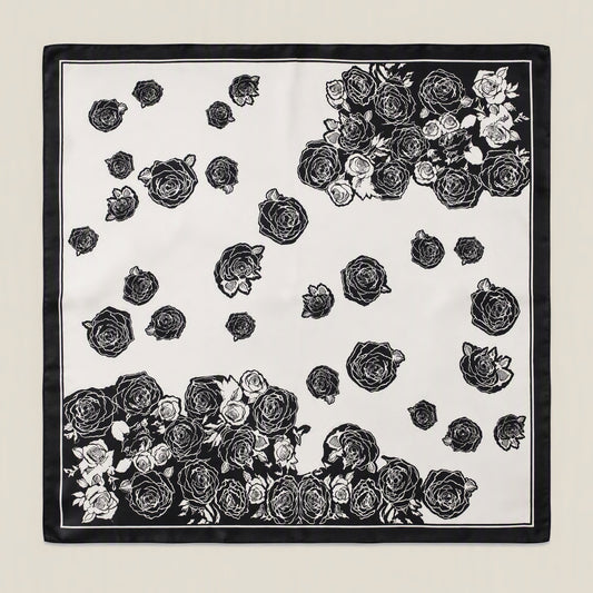 Black White Rose mulberry silk square scarf