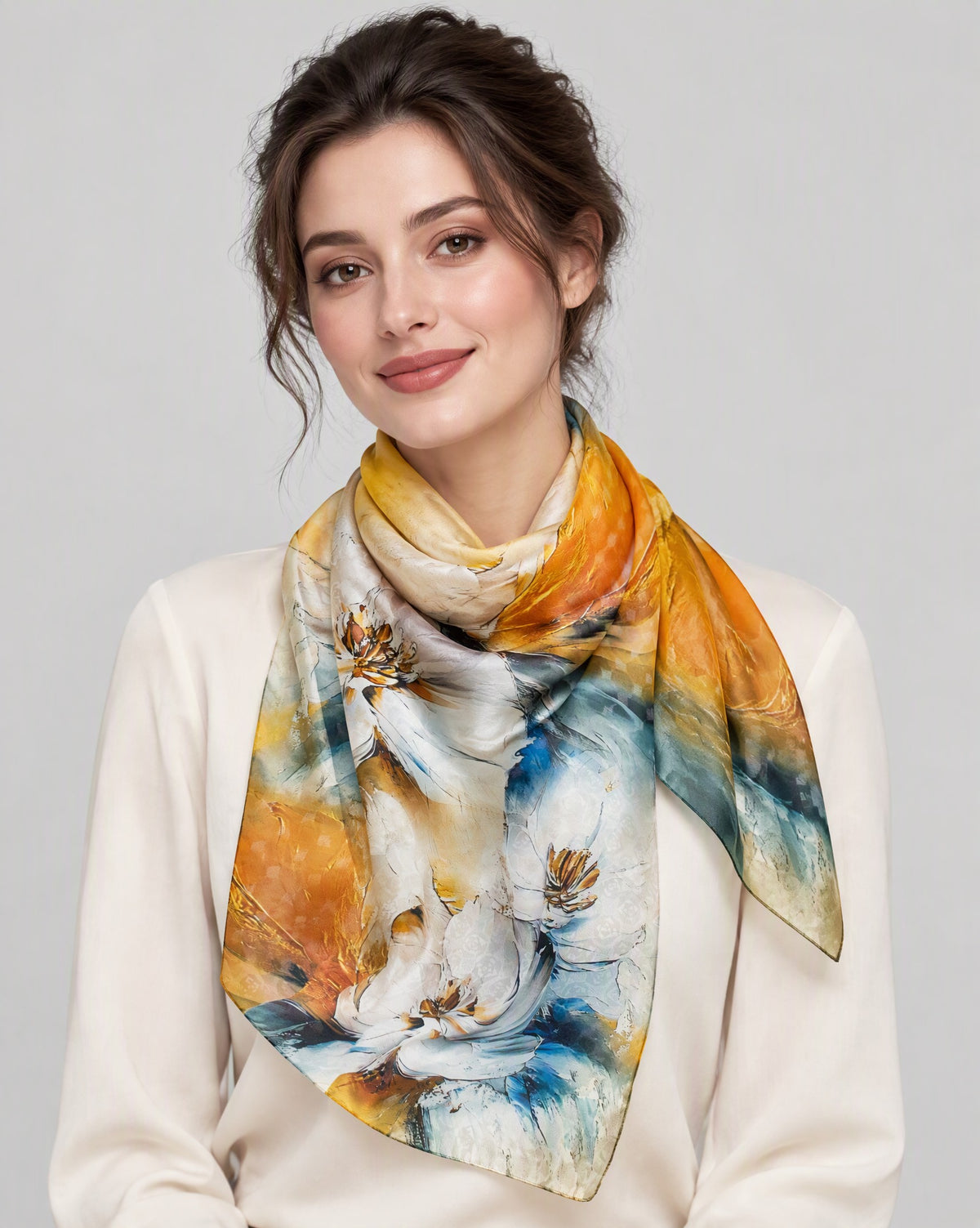 Orange Ink Camellia Mulberry Silk Long Scarf – 22 x 67 in