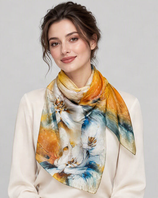 Orange Ink Camellia Mulberry Silk Long Scarf – 22 x 67 in, worn tied at the neck over a cream top