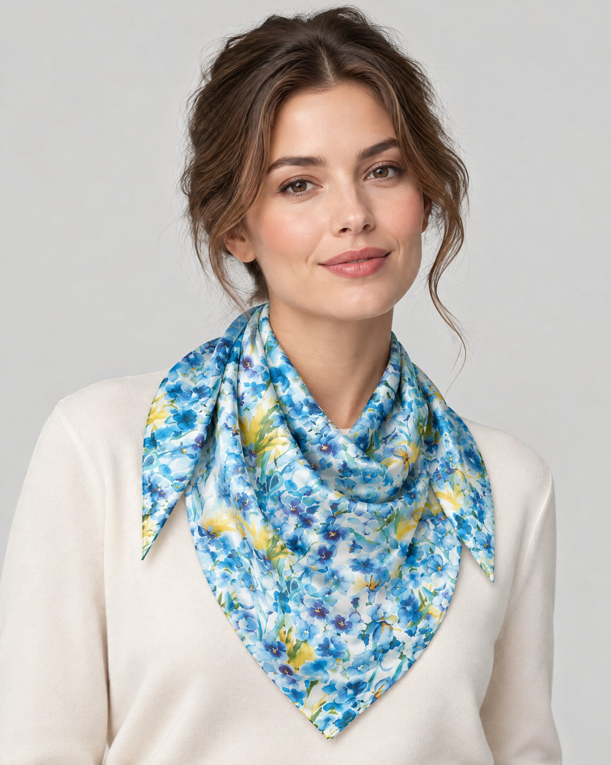 Blue Small Flowers Mulberry Silk Square Scarf – 34 x 34 in