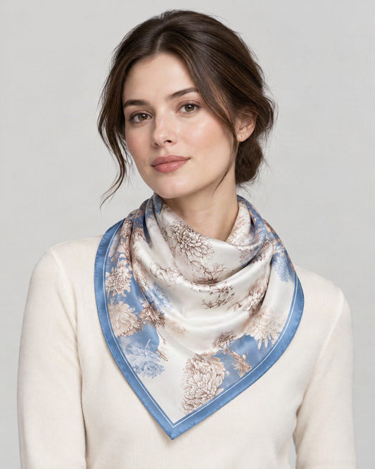 Elegant Peony Mulberry Silk Square Scarf – 21 x 21 in, worn tied at the neck over a cream top