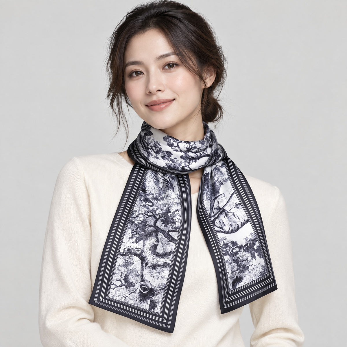 Ink Pine Slim Mulberry Silk Scarf – 6 x 59 in
