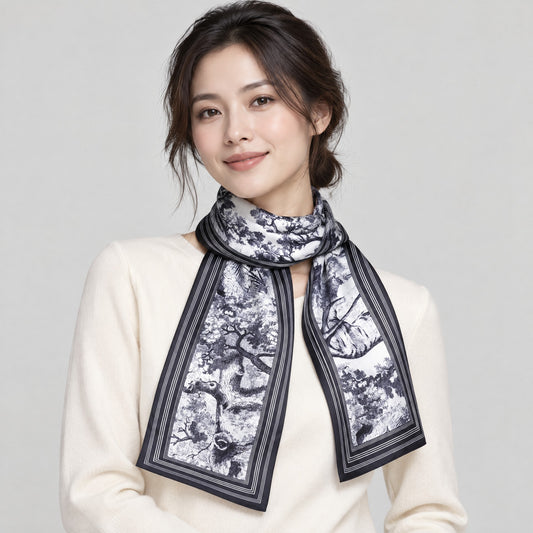 Ink Pine Slim Mulberry Silk Scarf – 6 x 59 in