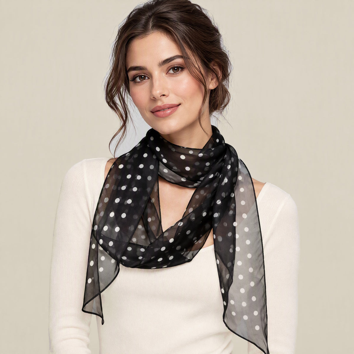 Woman wearing Black mini dot mulberry silk scarf