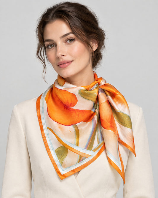Orange Leaves Mulberry Silk Square Scarf – 21 x 21 in