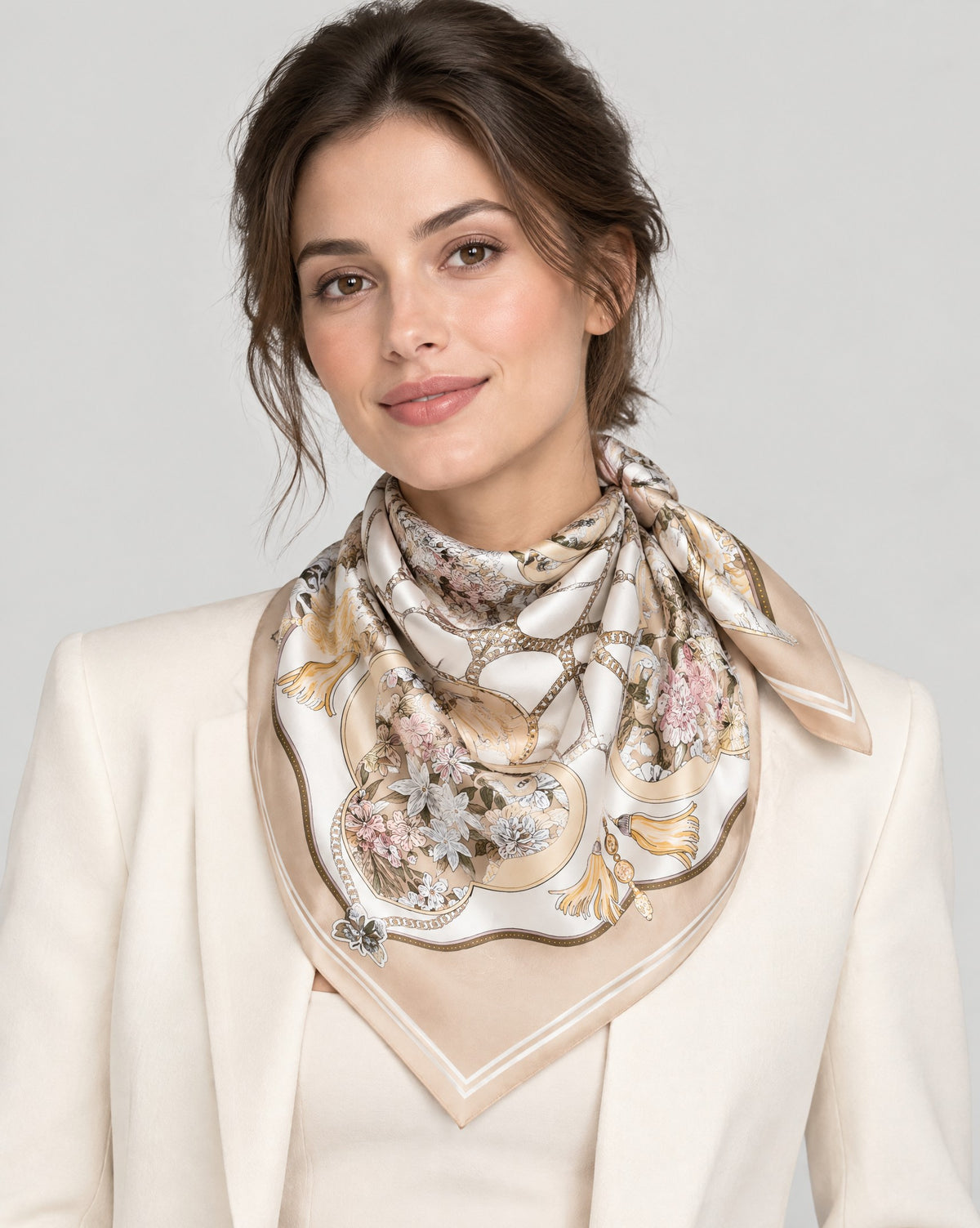 Champagne Chain Floral Mulberry Silk Square Scarf – 26 x 26 in