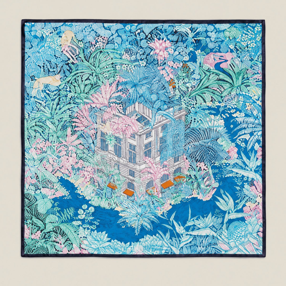 Blue tropical mulberry silk square scarf