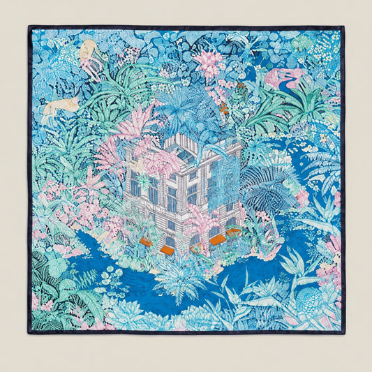 Blue tropical mulberry silk square scarf