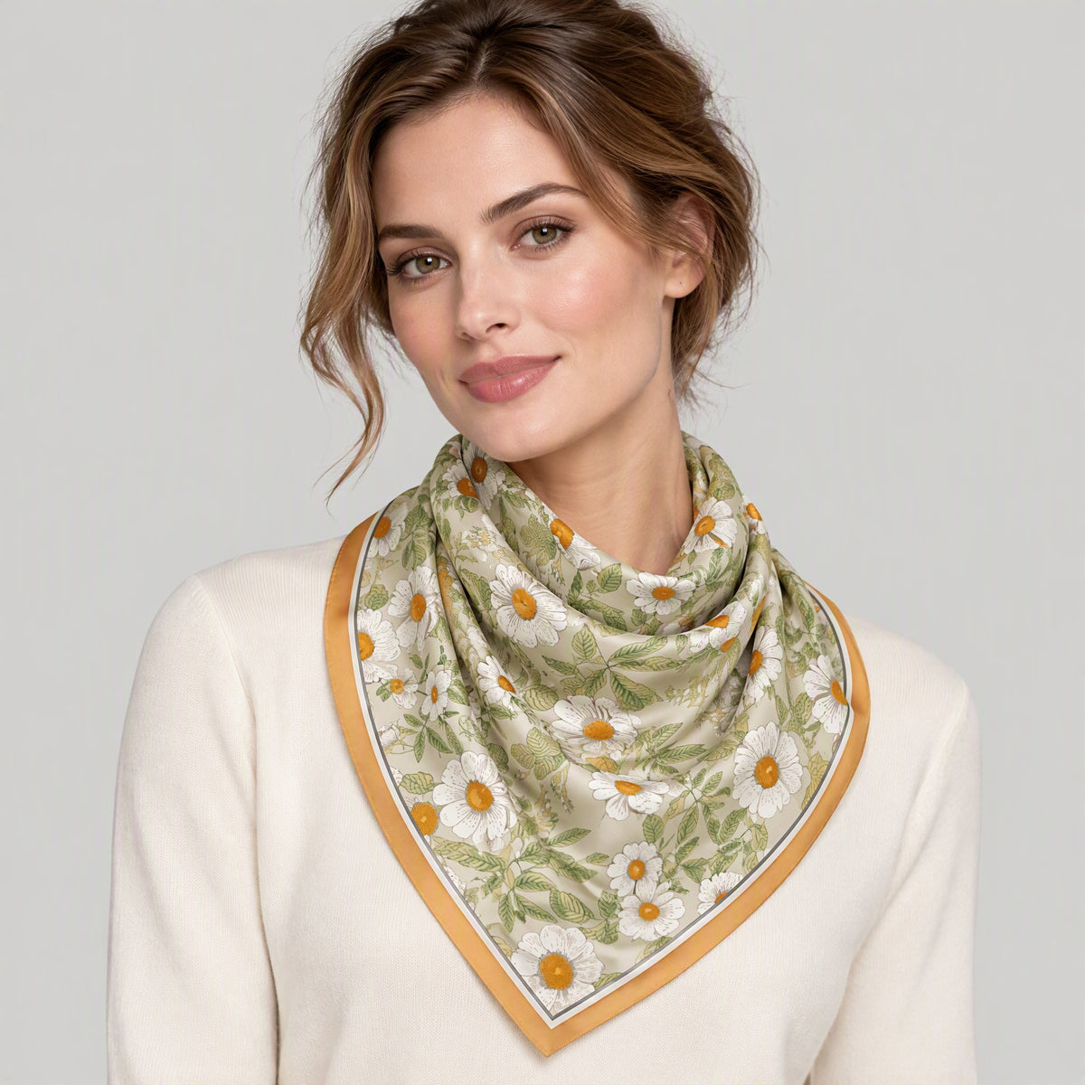 Green Daisy Mulberry Silk Square Scarf – 26 x 26 in