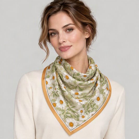 Green Daisy Mulberry Silk Square Scarf – 26 x 26 in, worn tied at the neck over a cream top