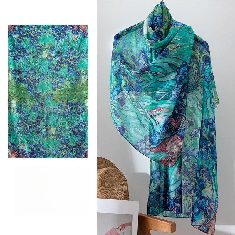 Long 100% Mulberry Silk Scarf – Bohemian Floral Lightweight Shawl, 43 x 69 in