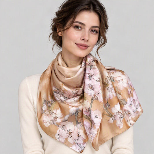Peach Stream Jacquard Mulberry Silk Scarf – 21 x 67 in, worn tied at the neck over a cream top