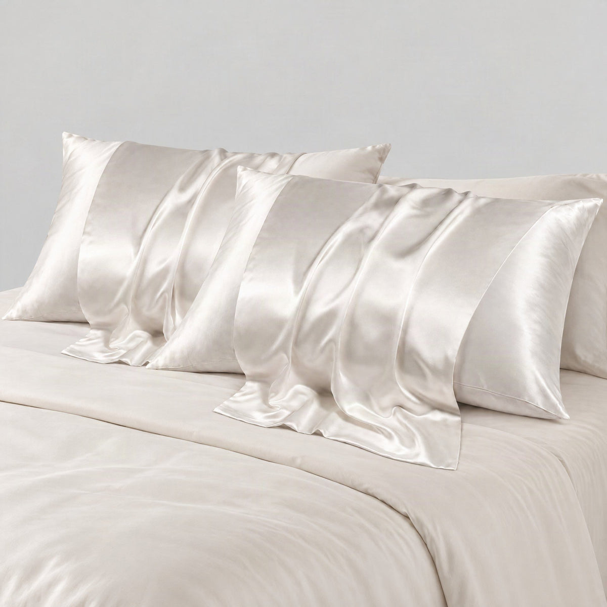 SuuSilk 22 Momme matte silk envelope pillowcase in soft neutral tones, displayed on a styled bed setting