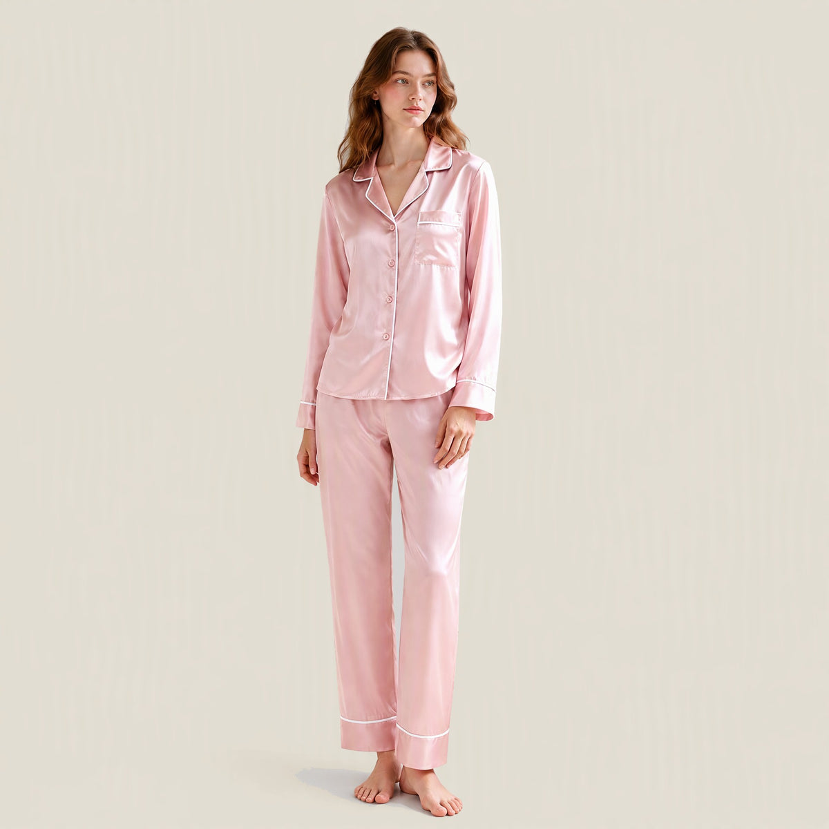 30 Momme Long Sleeve 100% Mulberry Silk Pajama Set – Button-Up with Contrast Piping