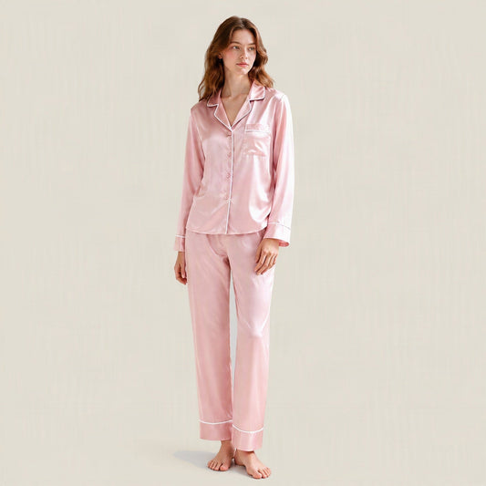 Ensemble de pyjama en 100 % soie de mûrier à manches longues 30 momme – Boutonné avec passepoil contrastant