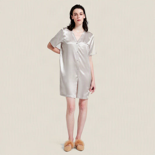 Robé de nuit en 100 % soie de mûrier 19 momme – chemise de nuit sans col à boutons