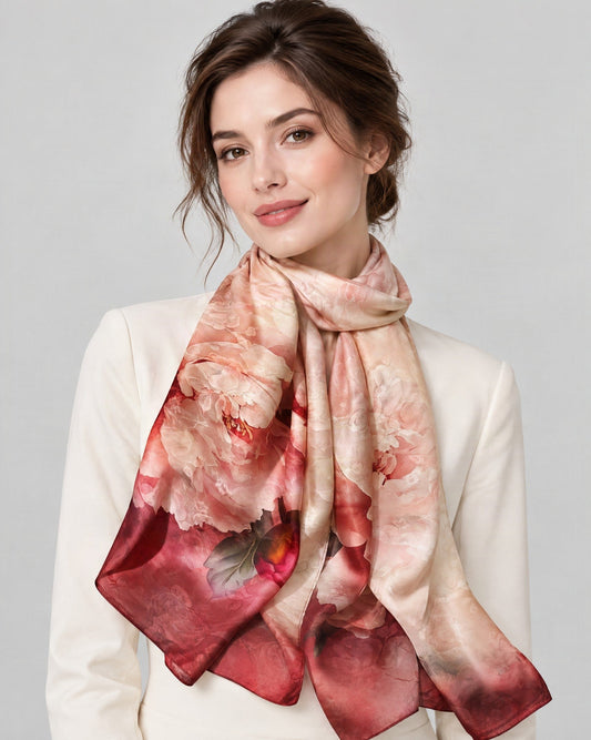 Peony Bloom Jacquard Mulberry Silk Scarf – 21 x 67 in, worn tied at the neck over a cream top