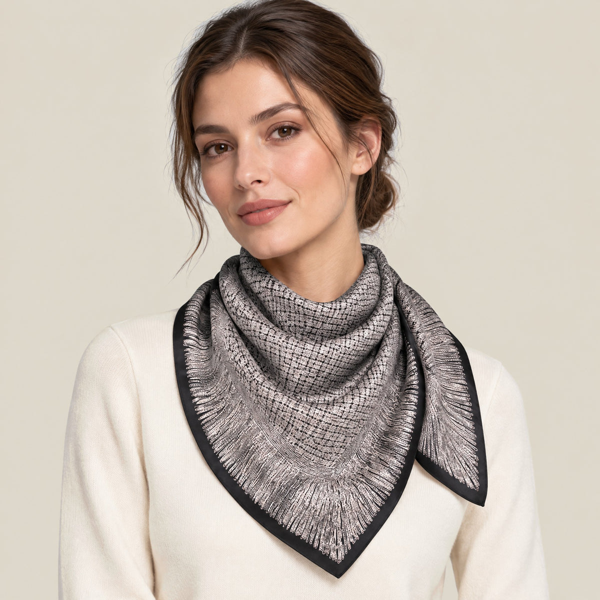 Woman wearing Black gray tweed print mulberry silk square scarf