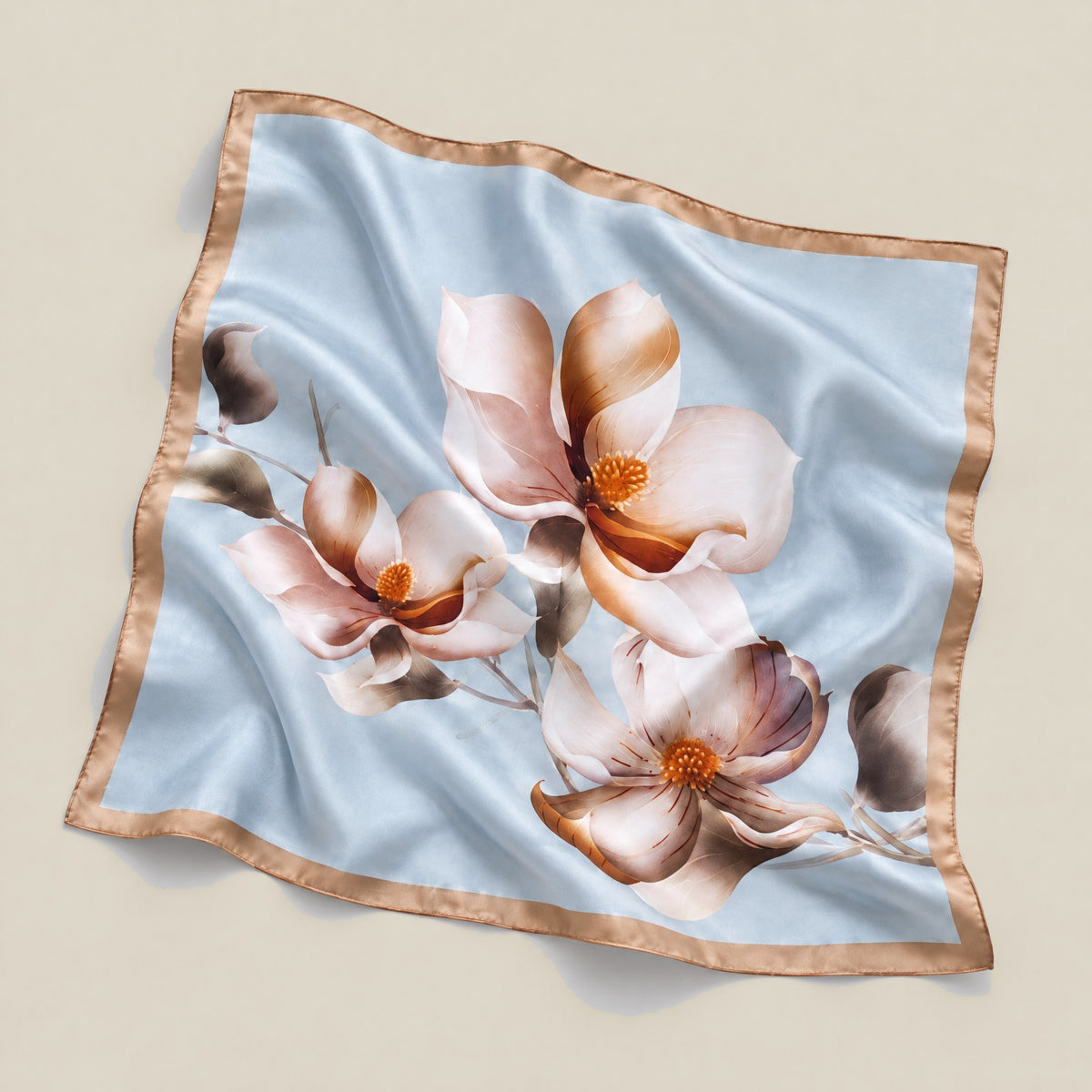 Blue Magnolia mulberry silk square scarf detail showing silk texture and print