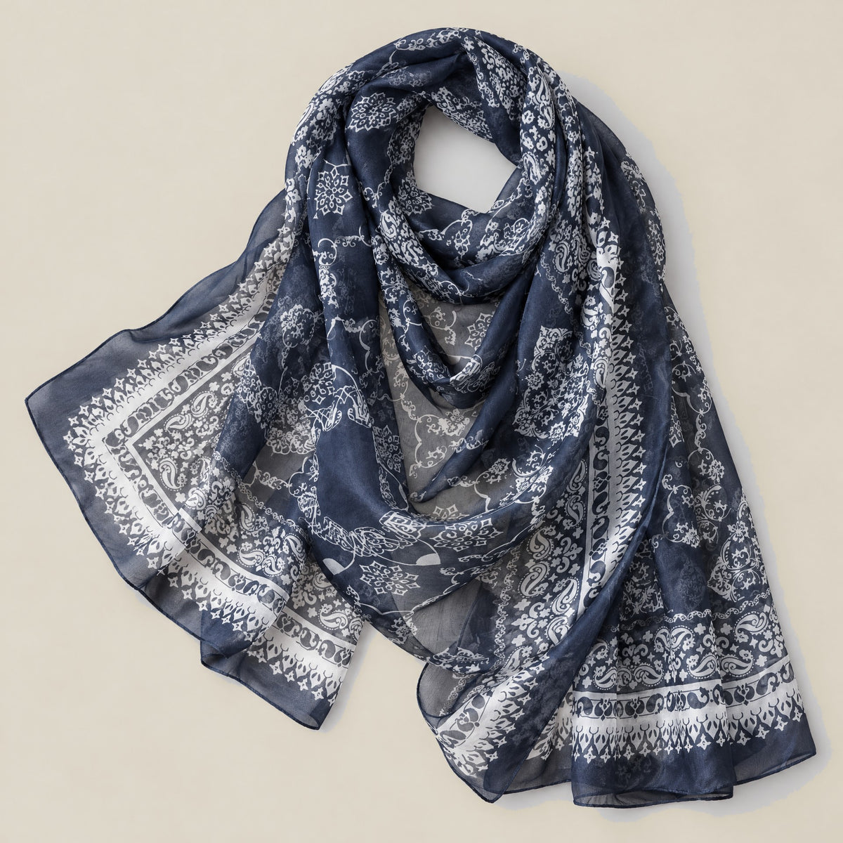 Navy vintage print mulberry silk scarf, 69 x 43 in detail showing silk texture and print