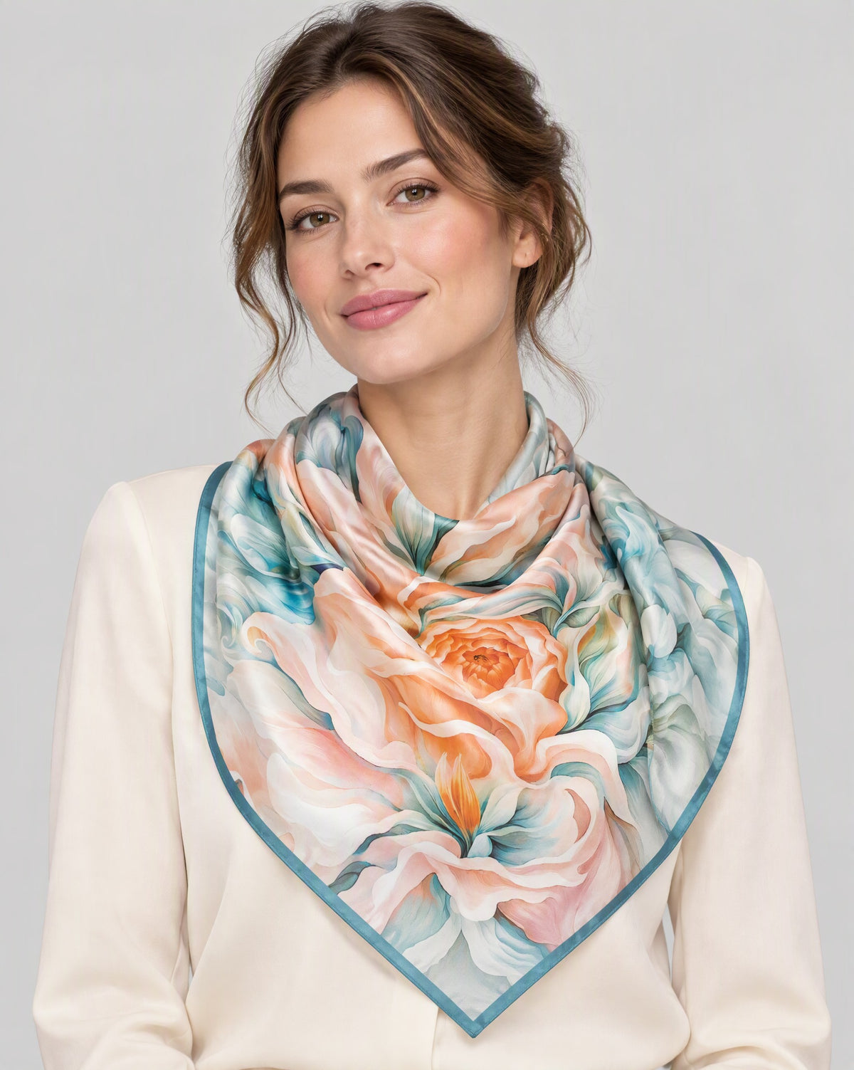 Blue Edge Peony Mulberry Silk Square Scarf – 26 x 26 in