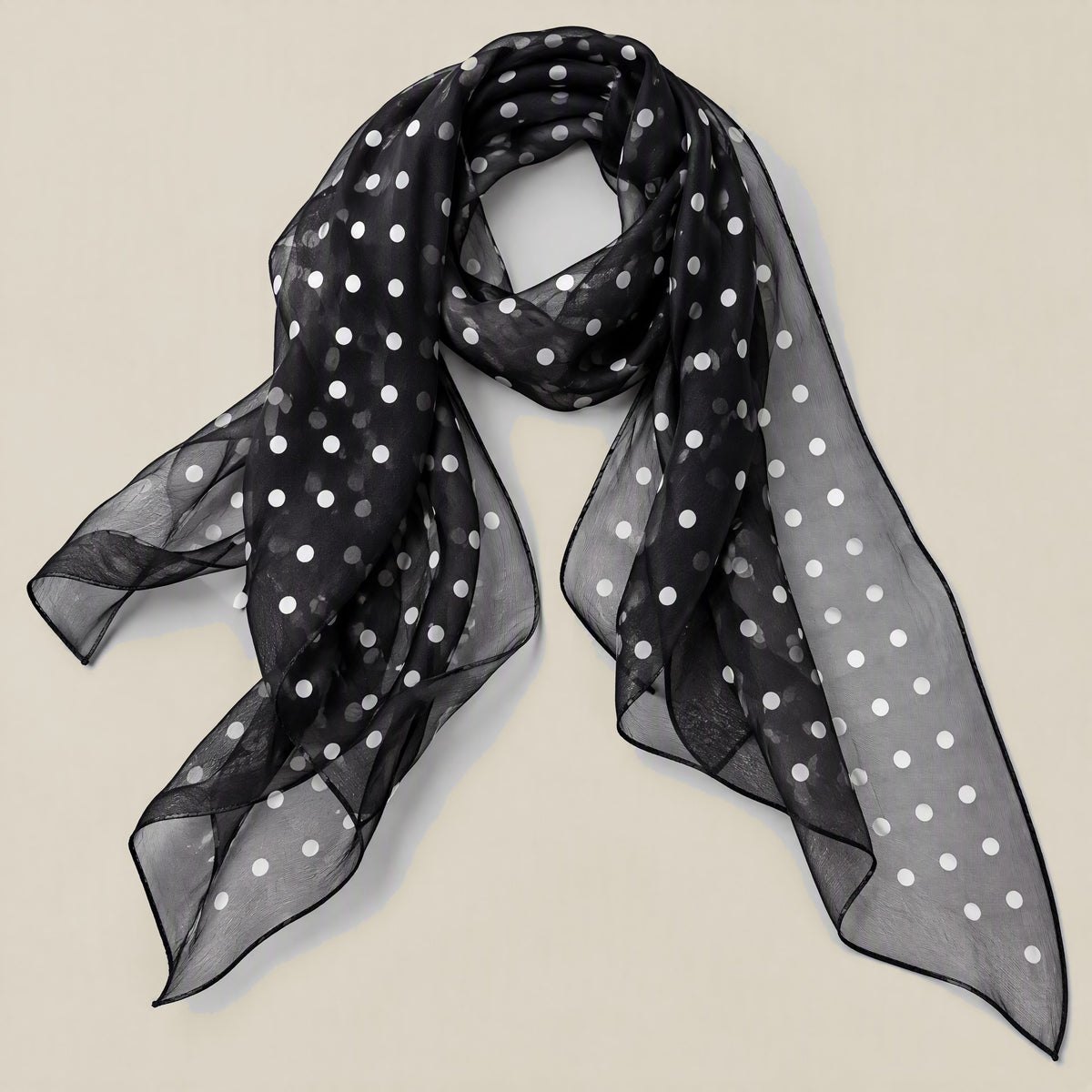 Black mini dot mulberry silk scarf detail showing silk texture and print