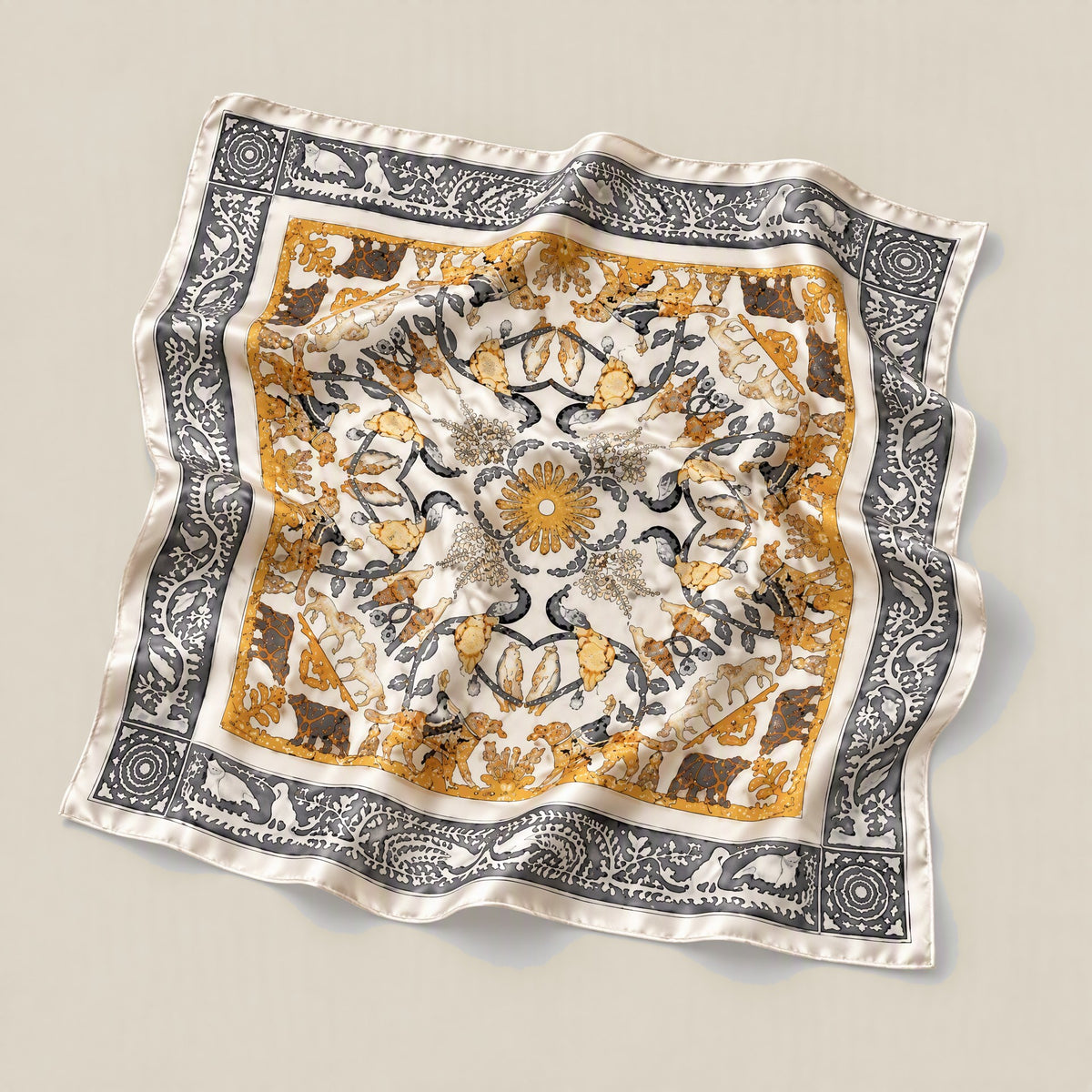 Beige animal motif mulberry silk square scarf detail showing silk texture and print