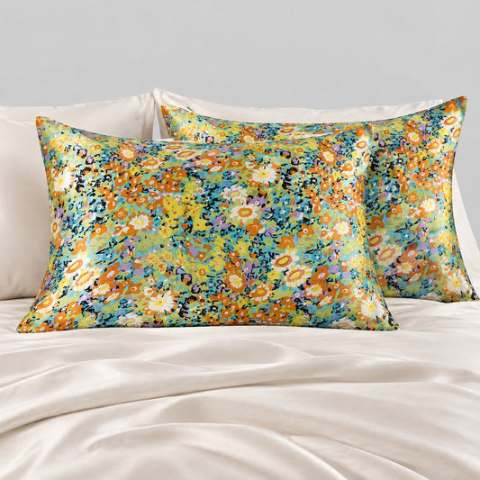 Meadow Mosaic Printed Mulberry Silk Pillowcase – 20 x 30 in, Hidden Zipper