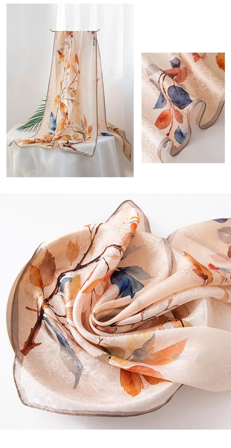 Long 100% Mulberry Silk Scarf – Floral Print Pashmina Wrap, 22 x 67 in, Gift Boxed
