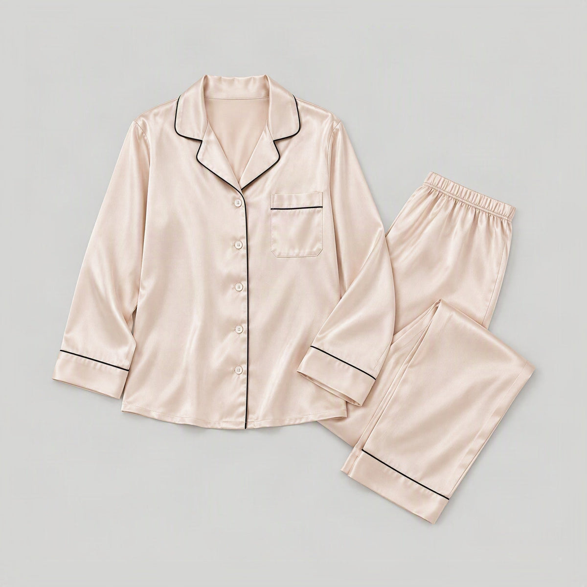 Apricot 22 Momme Long Sleeve 100% Mulberry Silk Pajama Set – Women's Sleepwear Loungewear