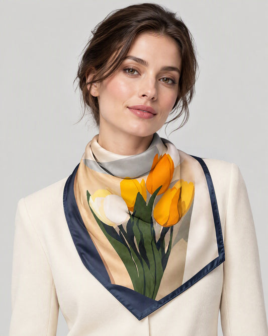 Blue-Edge Tulip Mulberry Silk Square Scarf – 21 x 21 in