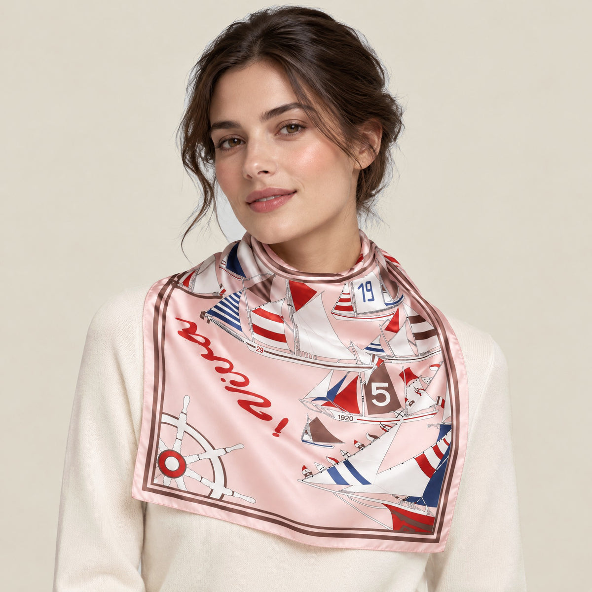 Woman wearing Sailboat No. 5 mulberry silk square scarf