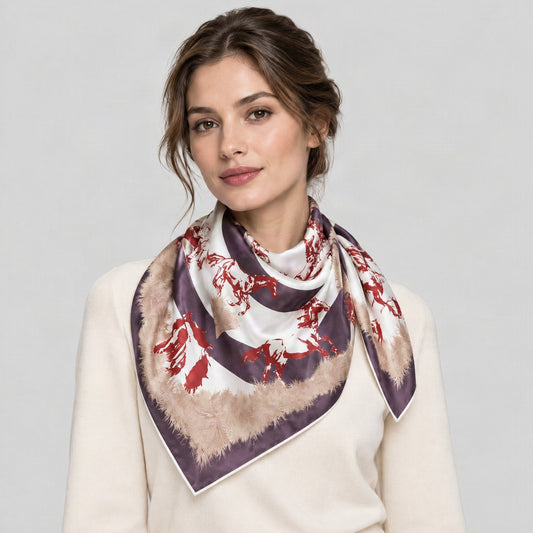 Spring Bloom Mulberry Silk Square Scarf – 43 x 43 in, worn tied at the neck over a cream top