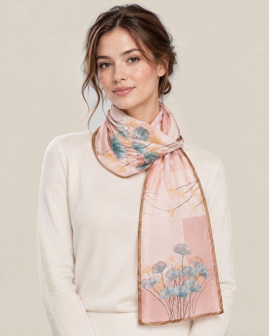 Woman wearing Pink ginkgo leaf mulberry silk long scarf