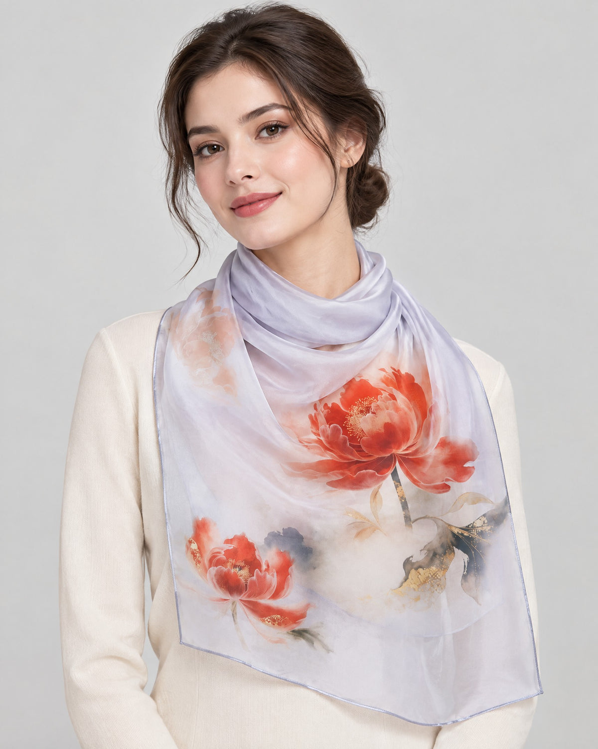 Celestial Peony Mulberry Silk Long Scarf – 22 x 68 in