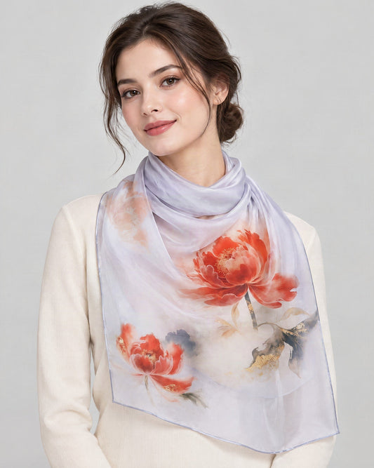 Celestial Peony Mulberry Silk Long Scarf – 22 x 68 in, worn tied at the neck over a cream top