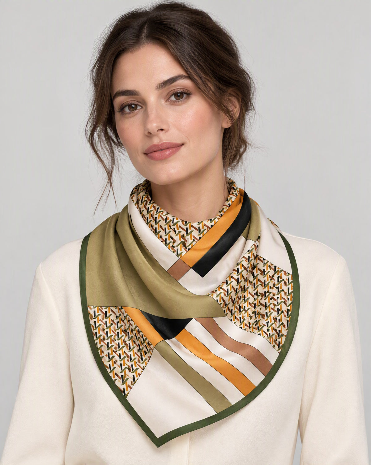 Tea Green Patchwork Mulberry Silk Square Scarf – 26 x 26 in