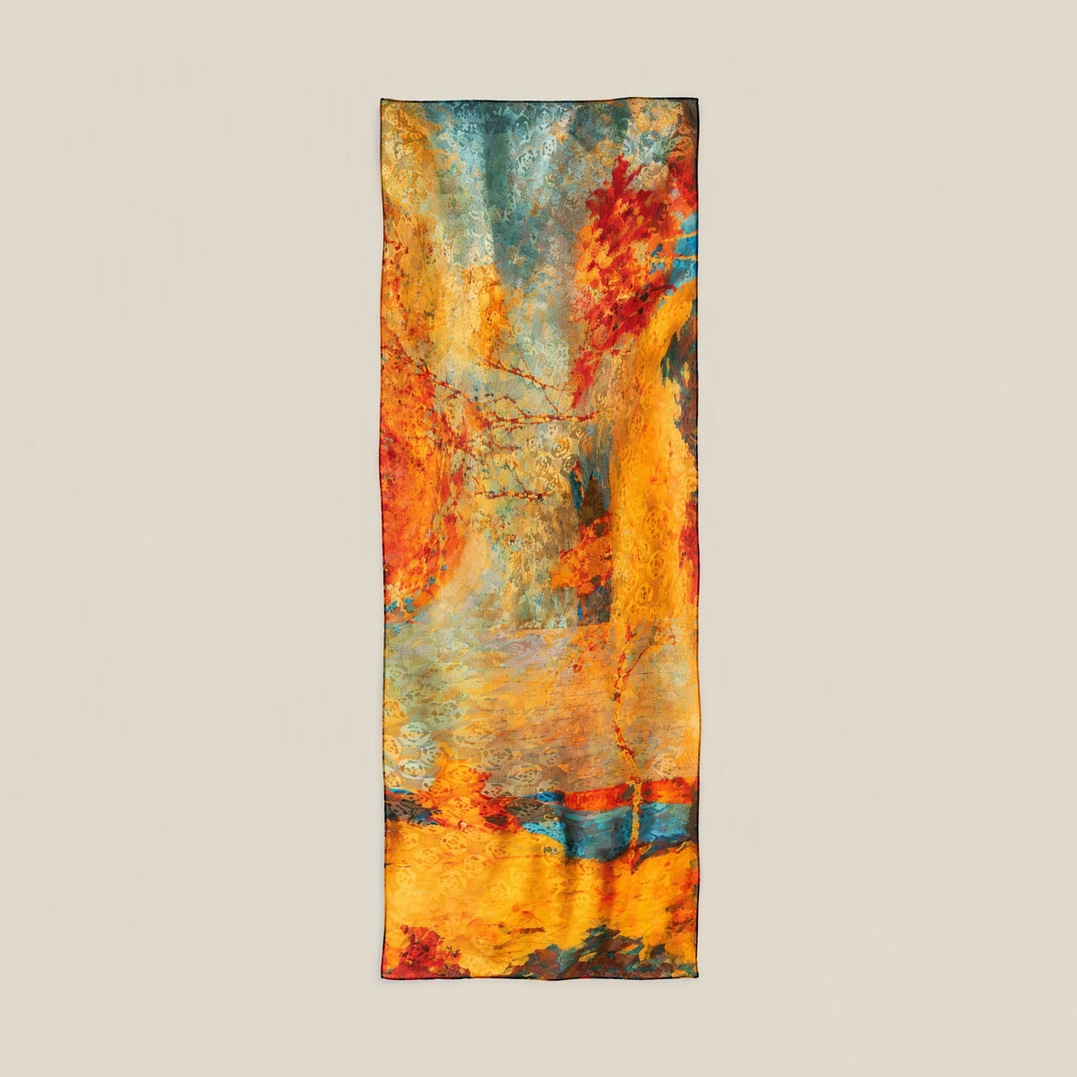 Golden forest mulberry silk scarf, 22 x 67 in