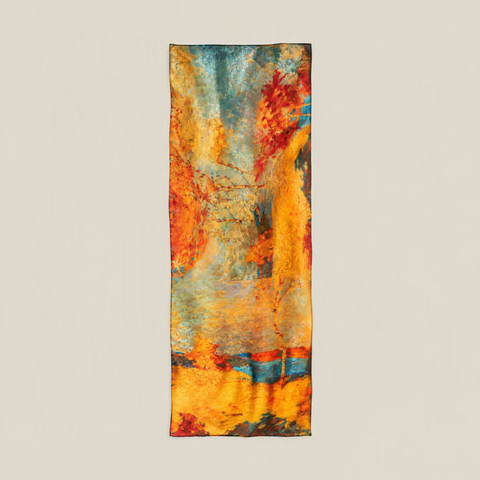 Golden forest mulberry silk scarf, 22 x 67 in