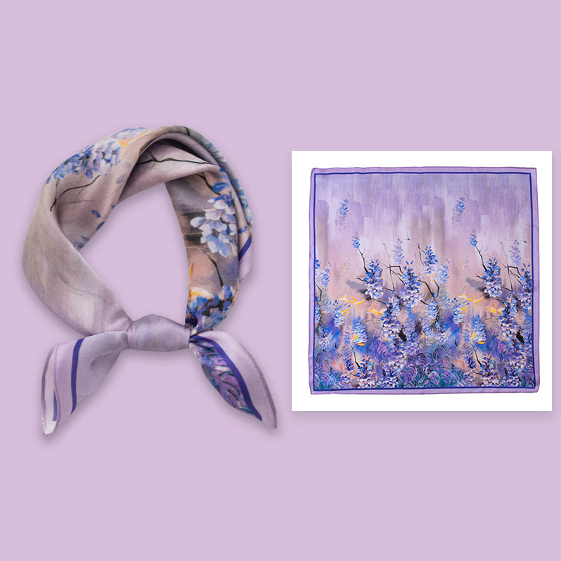 Mulberry Silk Square Scarf 53 cm Floral Print Bandana – Lightweight Neckerchief for Spring