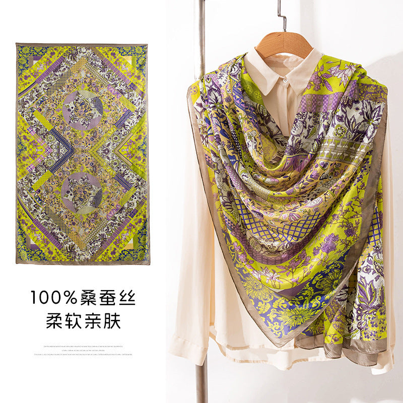 Mulberry Silk Long Scarf with Bohemian Floral Print – Lightweight Spring Shawl for Women