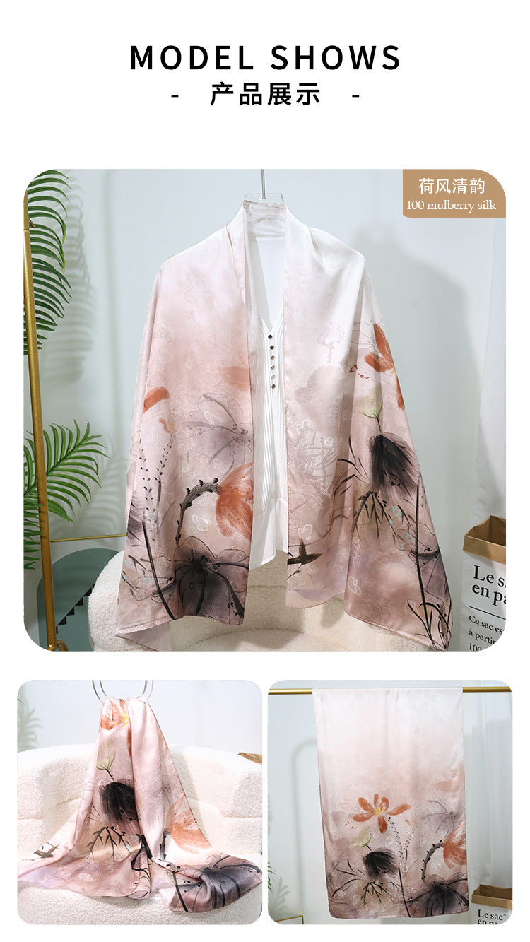 100% Mulberry Silk Floral Jacquard Long Scarf with Chinese-Inspired Botanical Prints, 53 x 170 cm (21 x 67 in) Lightweight Spring Shawl