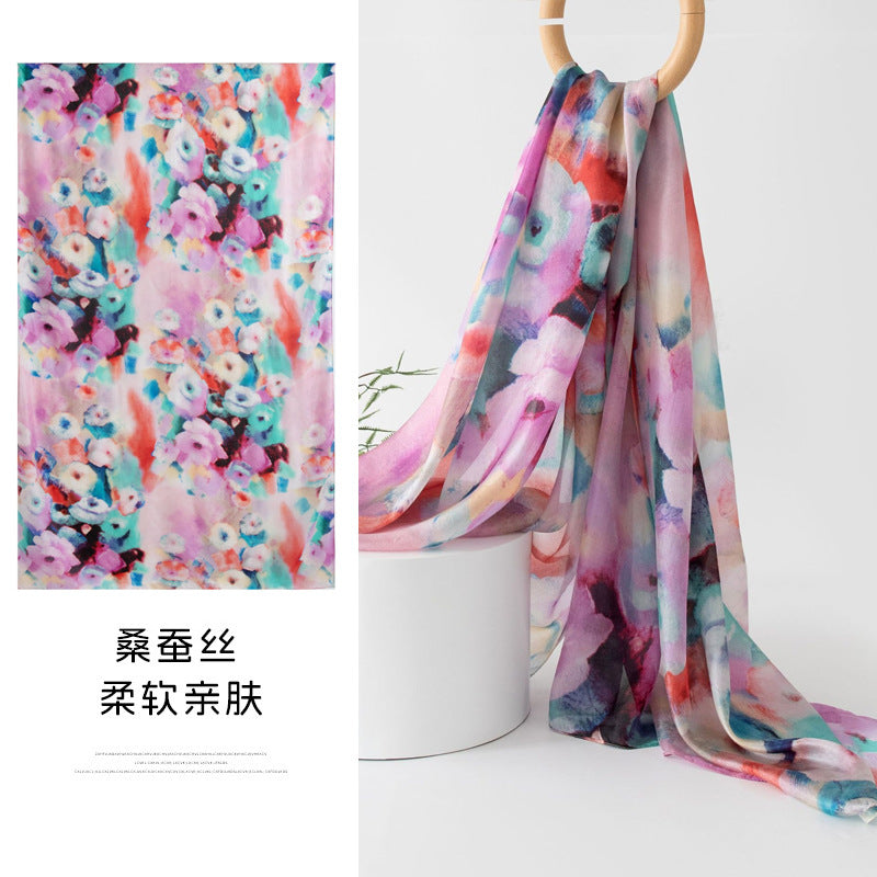 Mulberry Silk Long Scarf with Bohemian Floral Print – Lightweight Spring Shawl for Women
